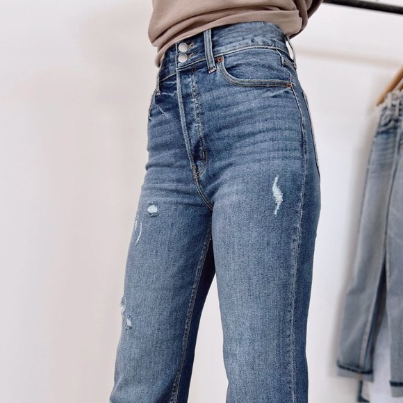Blue High Waist Distressed Straight Leg Jeans - Picture 3 of 15